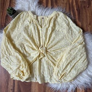 Free People Eyelet Puff Sleeve Button Down Blouse Yellow